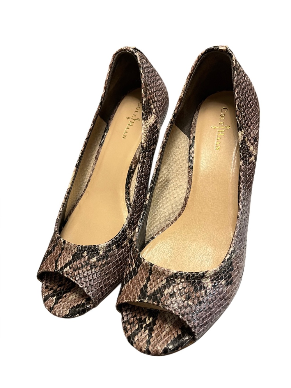 Cole Haan Air Tali Snakeskin Peep‑Toe Wedge Sandals 7m 1.5 heel 2008-12 era